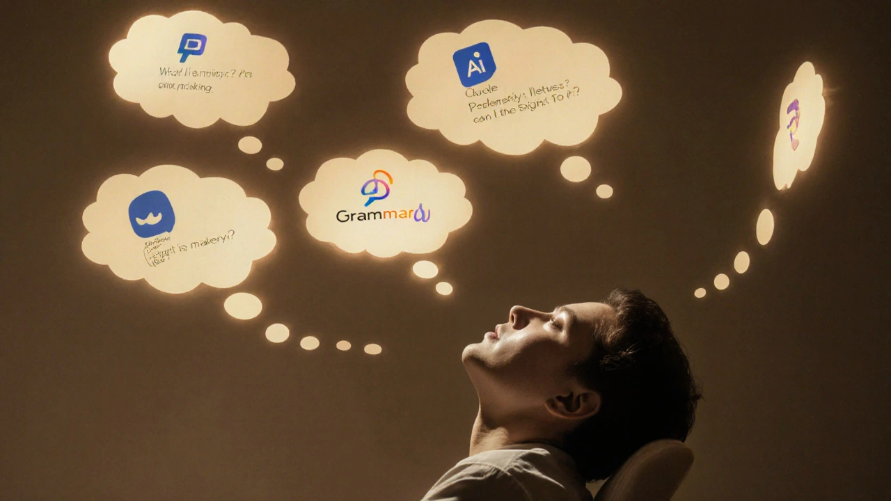 Abstract thought bubbles with AI questions floating above a person in quiet contemplation.
