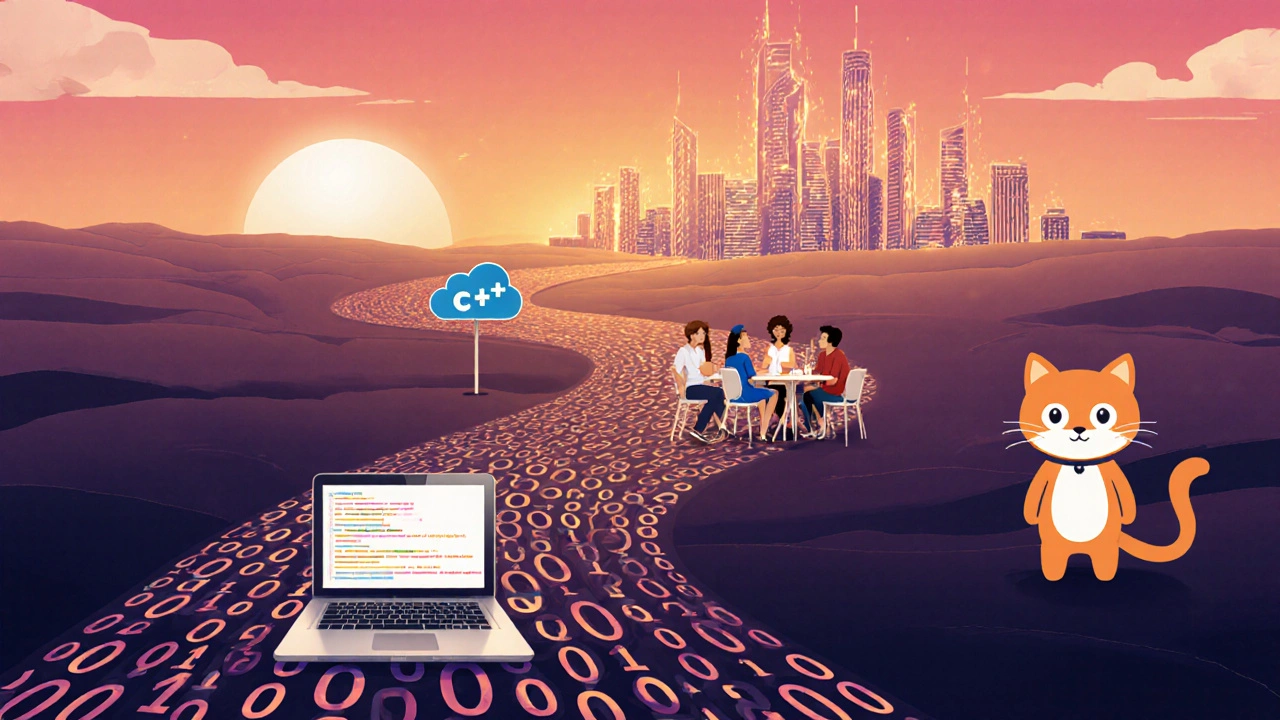 Binary‑digit path with laptop, GitHub mascot, cloud, meetup scene leading to a futuristic city.
