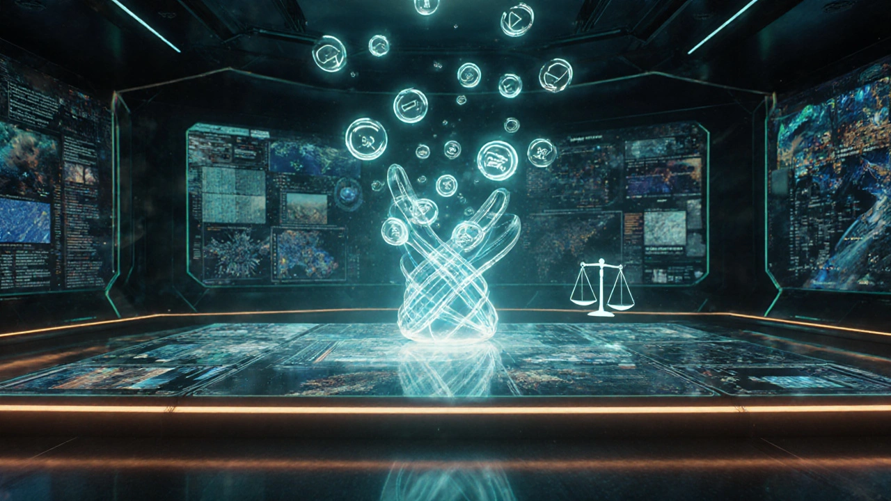 Concept art of a futuristic hub where holographic data streams converge around a luminous AGI core.