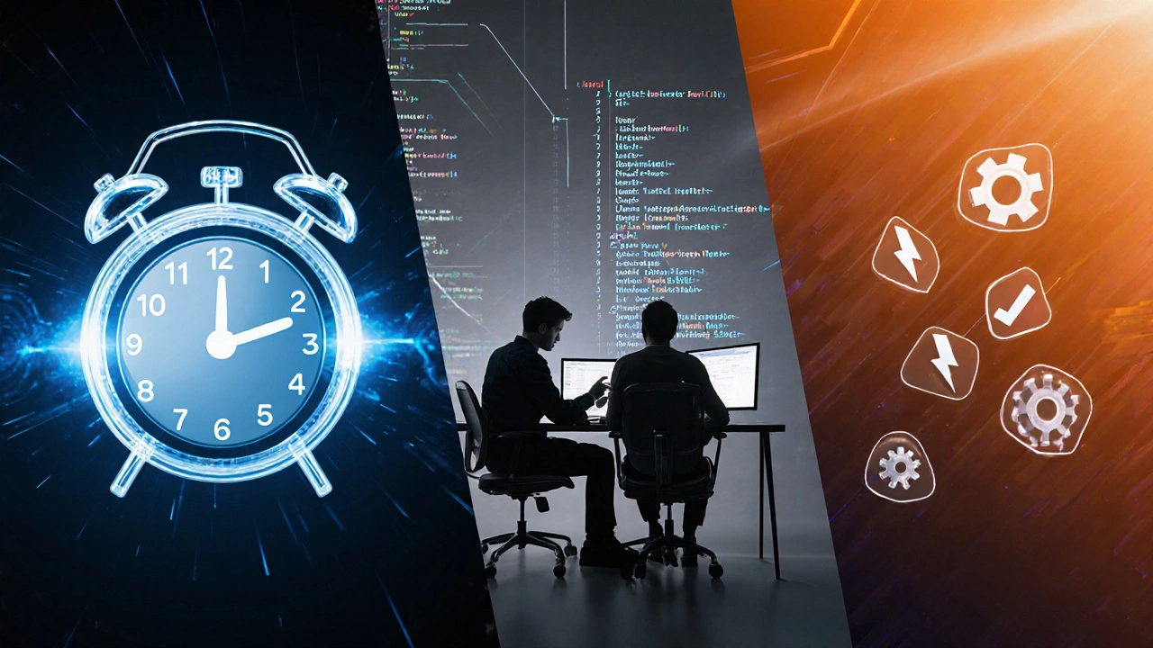Concept scene of pair programming, a Pomodoro timer, and floating checklist symbols representing faster coding.