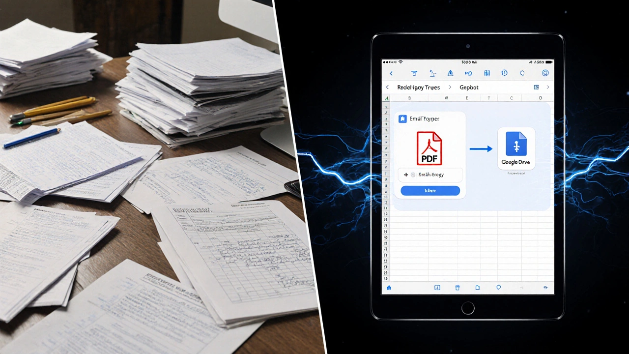 Contrasting messy paperwork with a clean digital workflow automating data entry between apps.