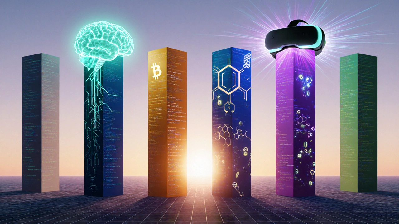 Five glowing code pillars supporting AI, IoT, blockchain, quantum, and AR/VR icons.