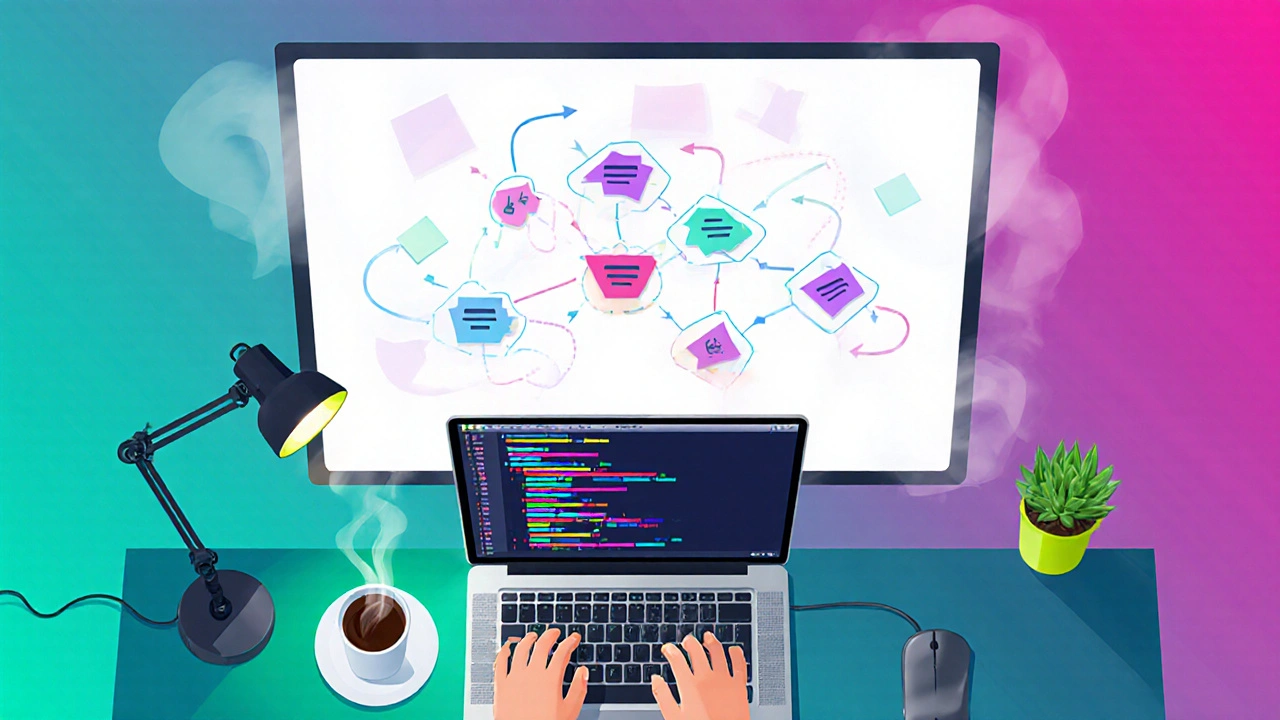 Illustration of a developer planning on a whiteboard with a laptop showing glowing shortcut keys.