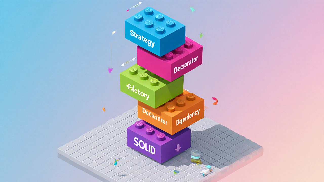 Isometric view of interchangeable design pattern blocks forming a flexible architecture.