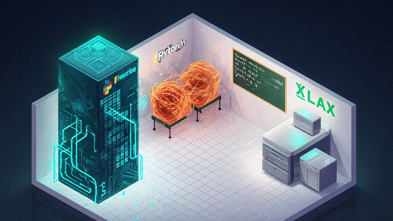 Isometric view of three labs representing TensorFlow, PyTorch, and JAX with distinctive hardware.