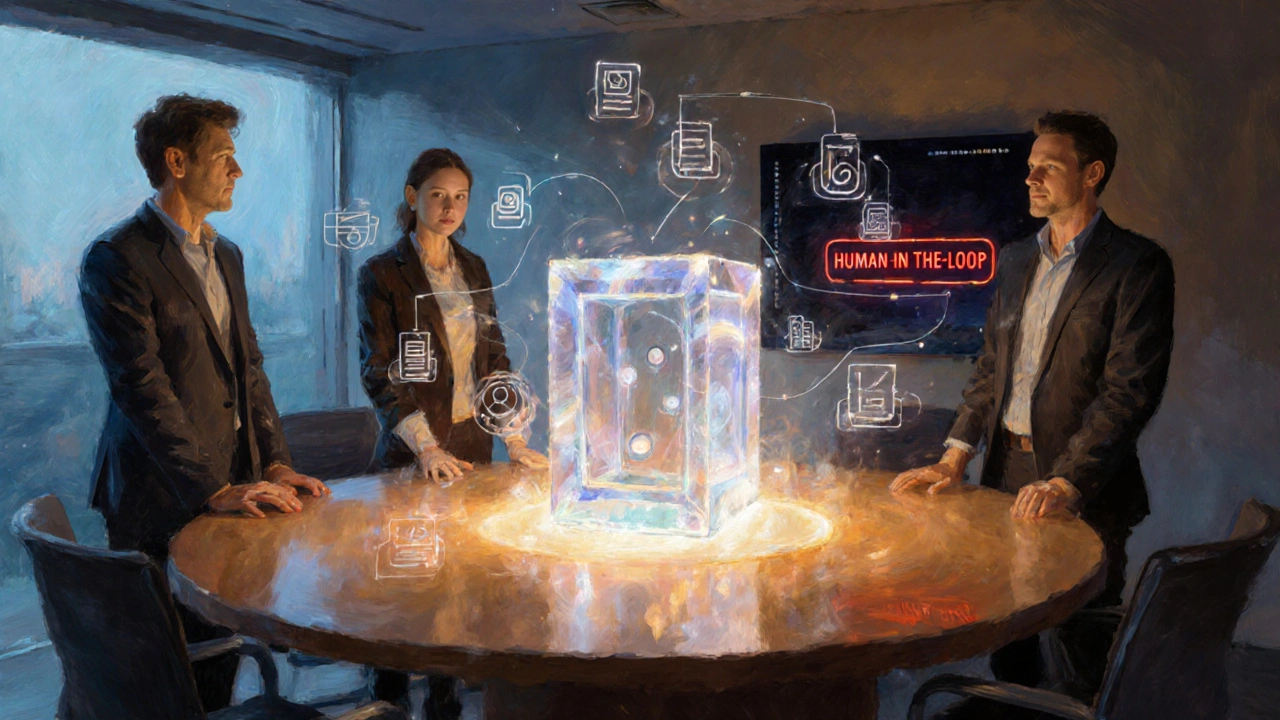 Painterly scene of humans collaborating with a translucent AGI core and visible transparency logs.