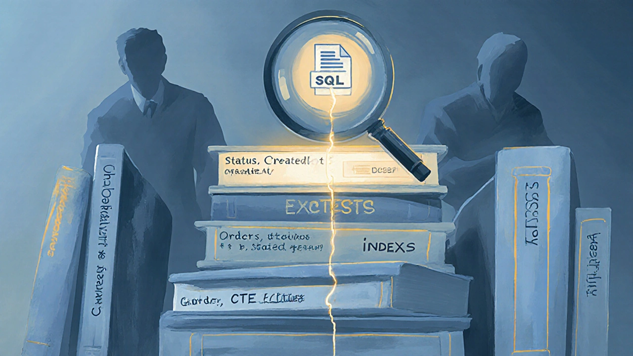 Stack of labeled SQL books with glowing path showing efficient query flow