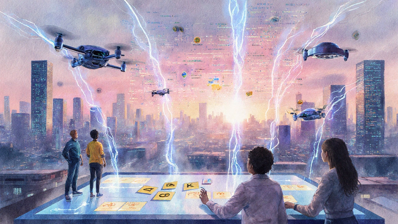 Watercolor cityscape with Python code streams connecting AI devices and a touch‑screen interface.