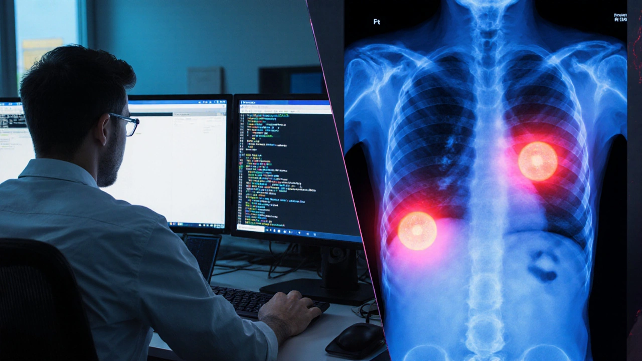 A developer analyzing AI-generated medical image detection results using Python libraries in a lab setting.