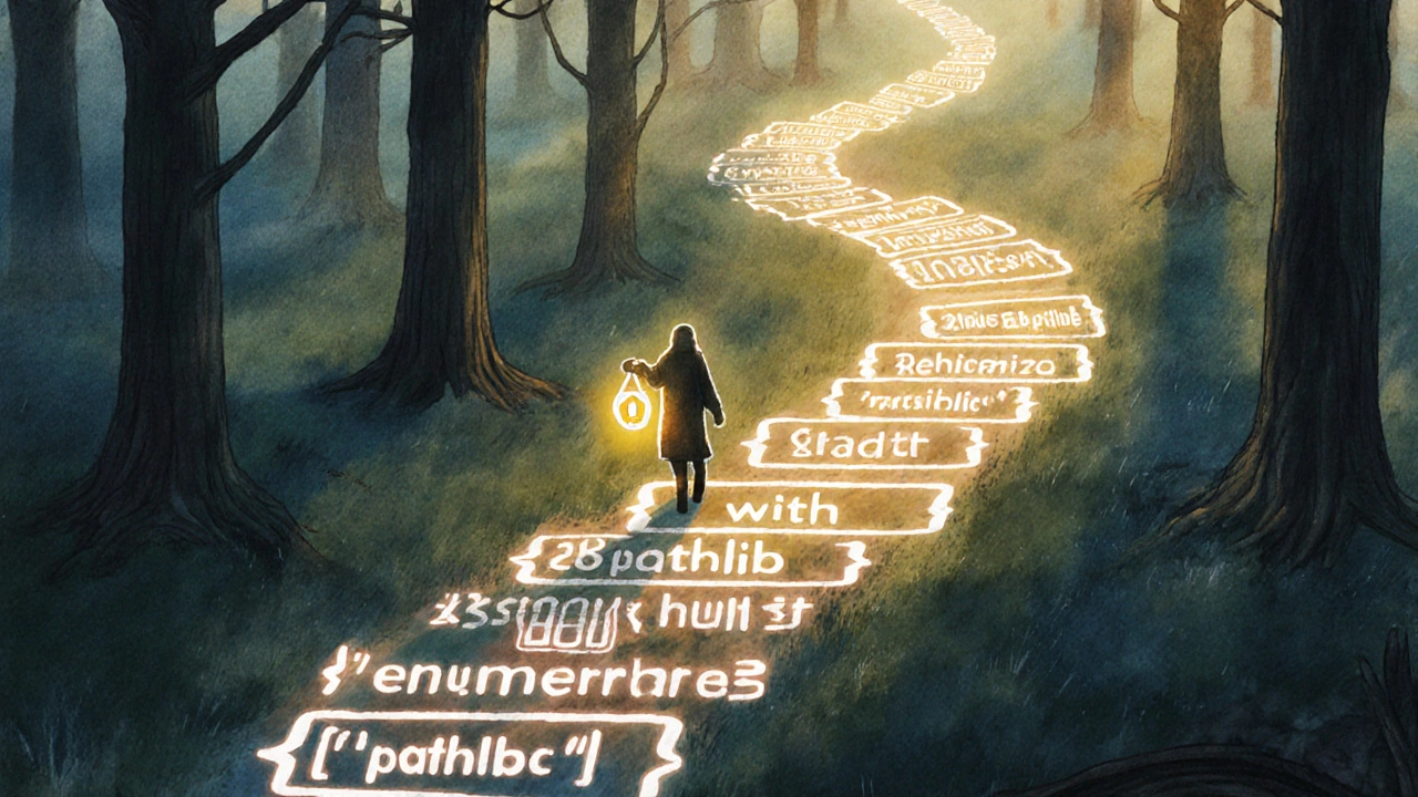 A winding path of Python keywords through a forest of code-shaped trees, with a figure carrying a brace-shaped lantern.