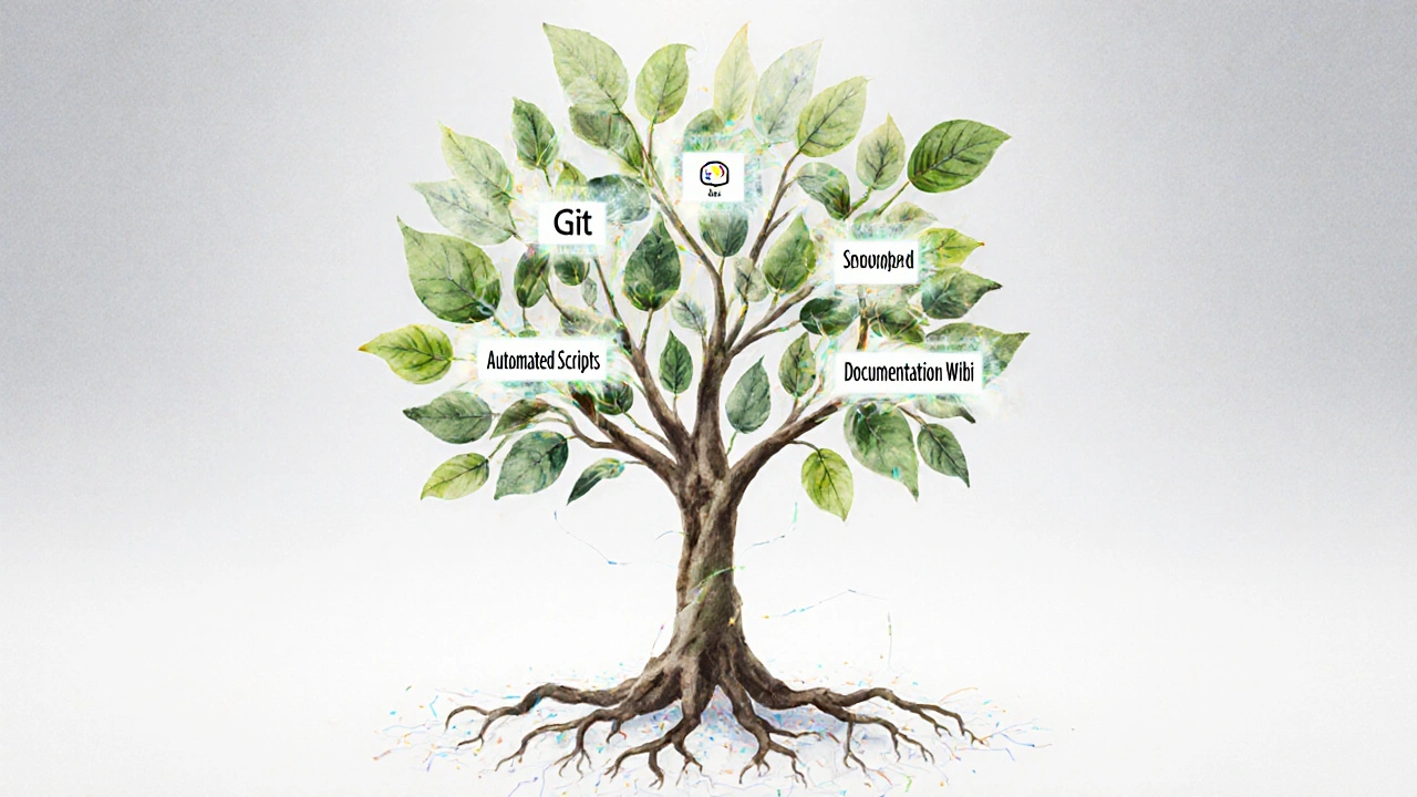 Abstract tree with code snippet branches representing productivity habits in development.