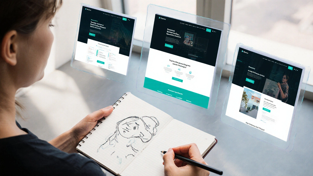 Designer viewing multiple AI-generated UI layouts in holographic form