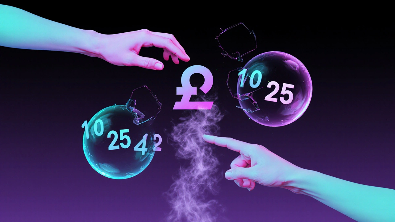 Hands swapping positions with an underscore symbol dissolving, surrounded by floating numbered orbs.