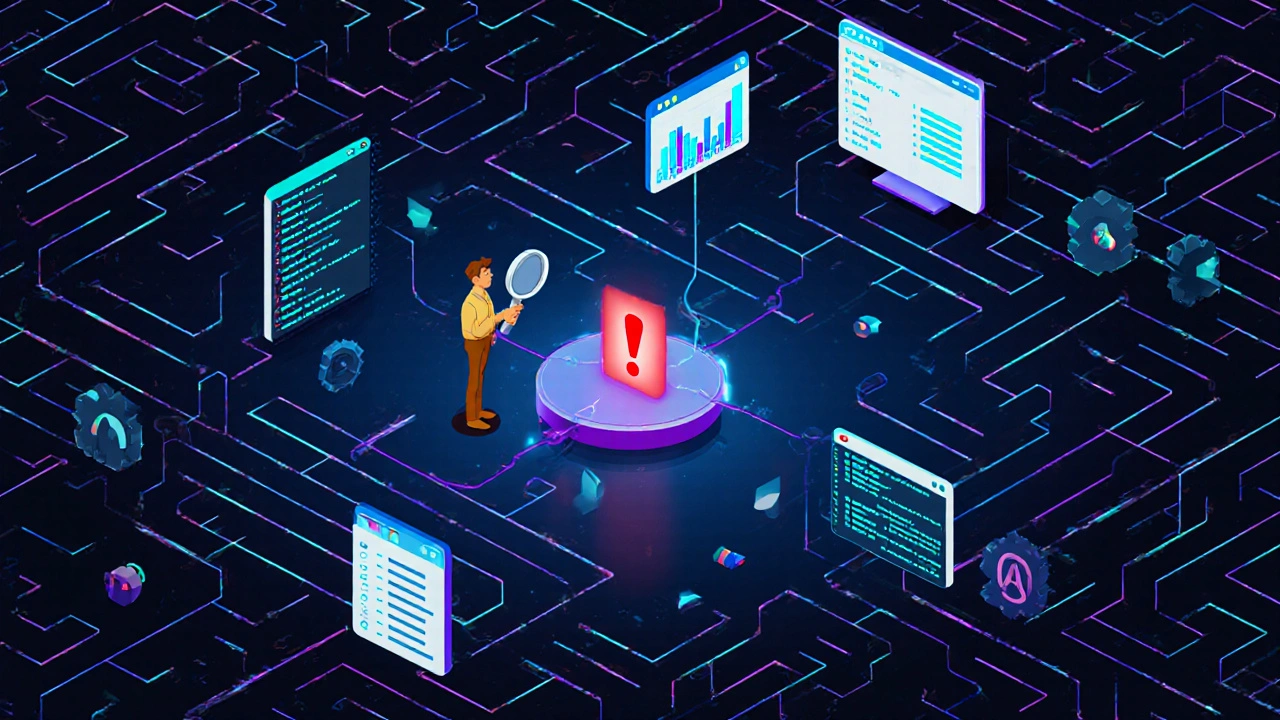 Labyrinth of glowing code with a magnifying glass revealing a red error pulse.