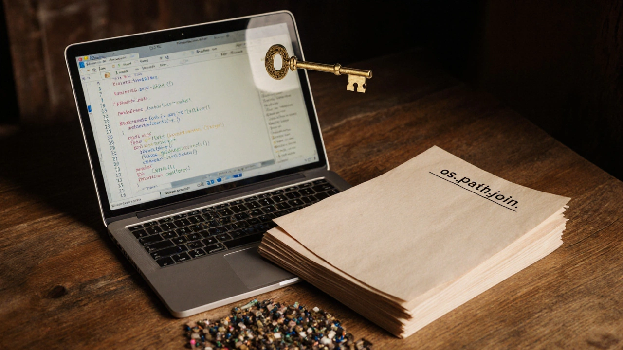 Laptop displaying pathlib code with old file methods and glowing memory-efficient objects.