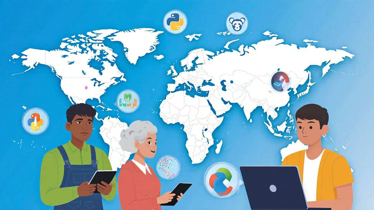 People from different backgrounds using Python-powered AI tools on tablets, with floating library icons around them.