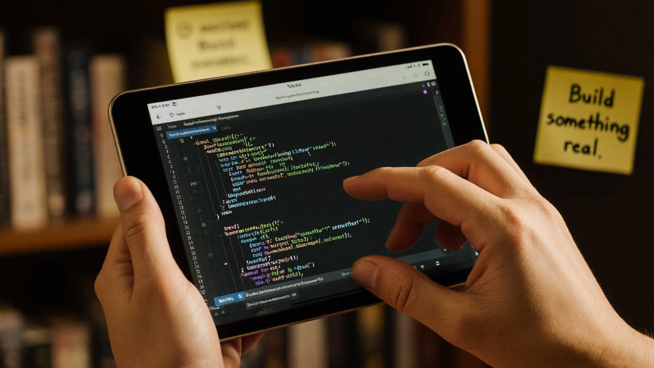 Someone reviewing clean open-source code on a tablet with a weather app project.