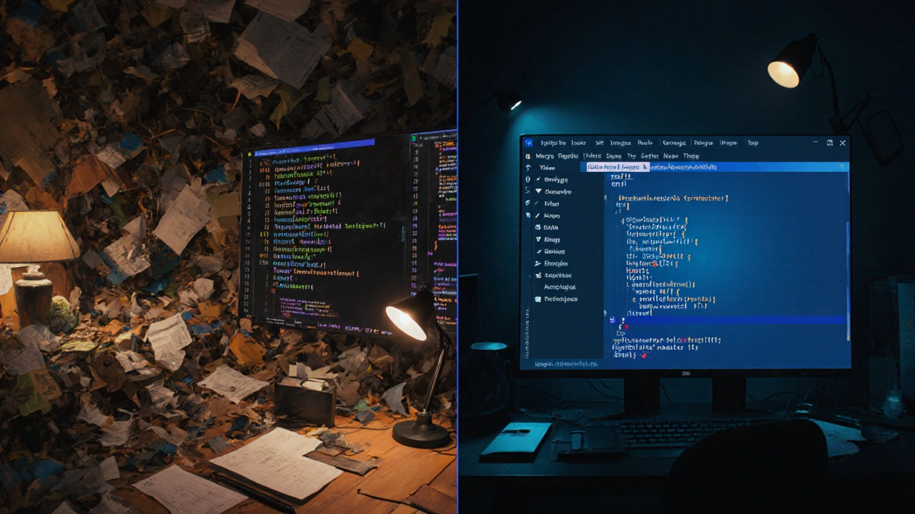 Split-screen comparison of messy logging versus clean debugger with active breakpoint.