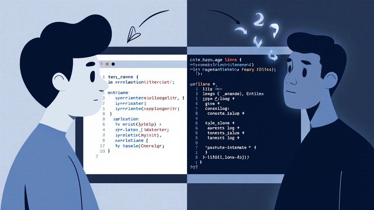 Split-screen showing frustration and debugging with console.log statements in code.
