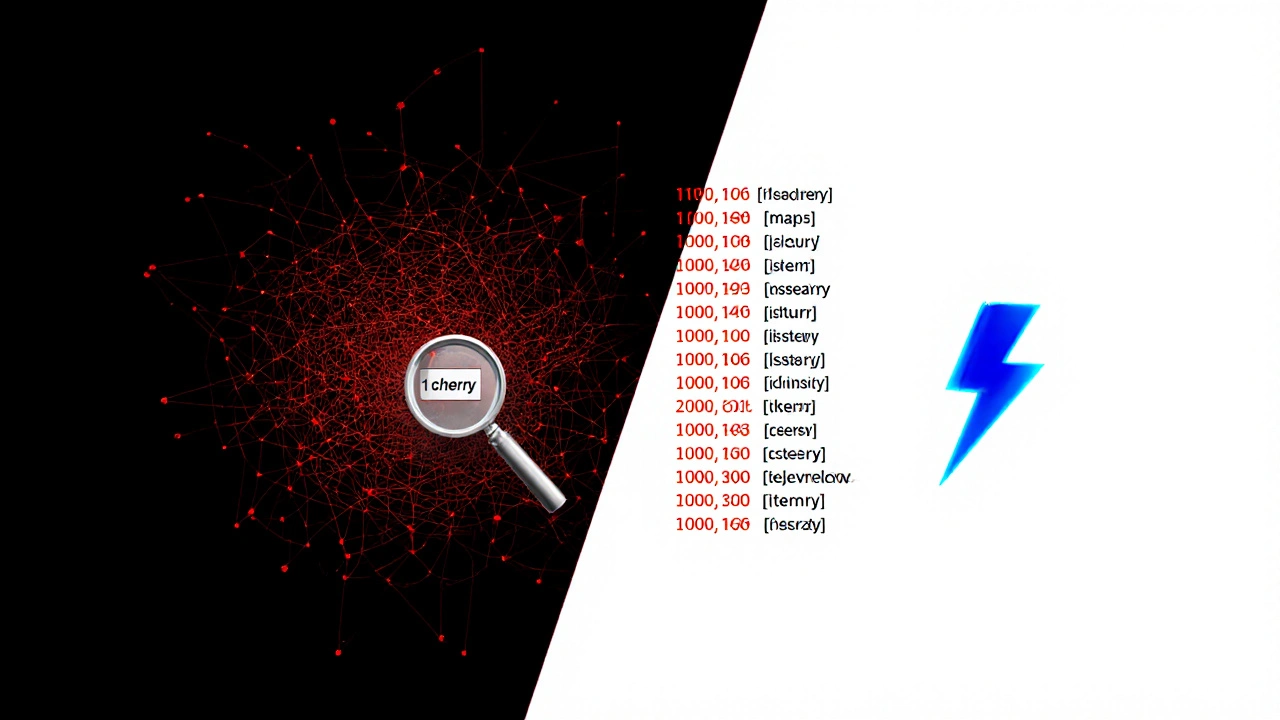 Split visualization of slow list search vs fast set lookup with lightning bolt.