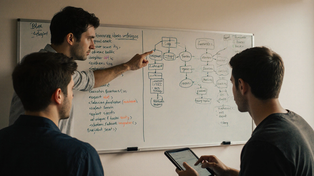 Three developers analyzing debugging flowcharts on a whiteboard together.