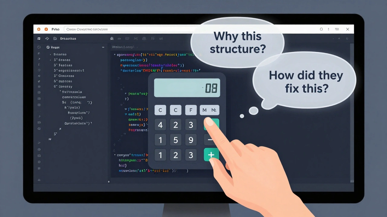 A GitHub code repository with commit history and thought bubbles about learning.