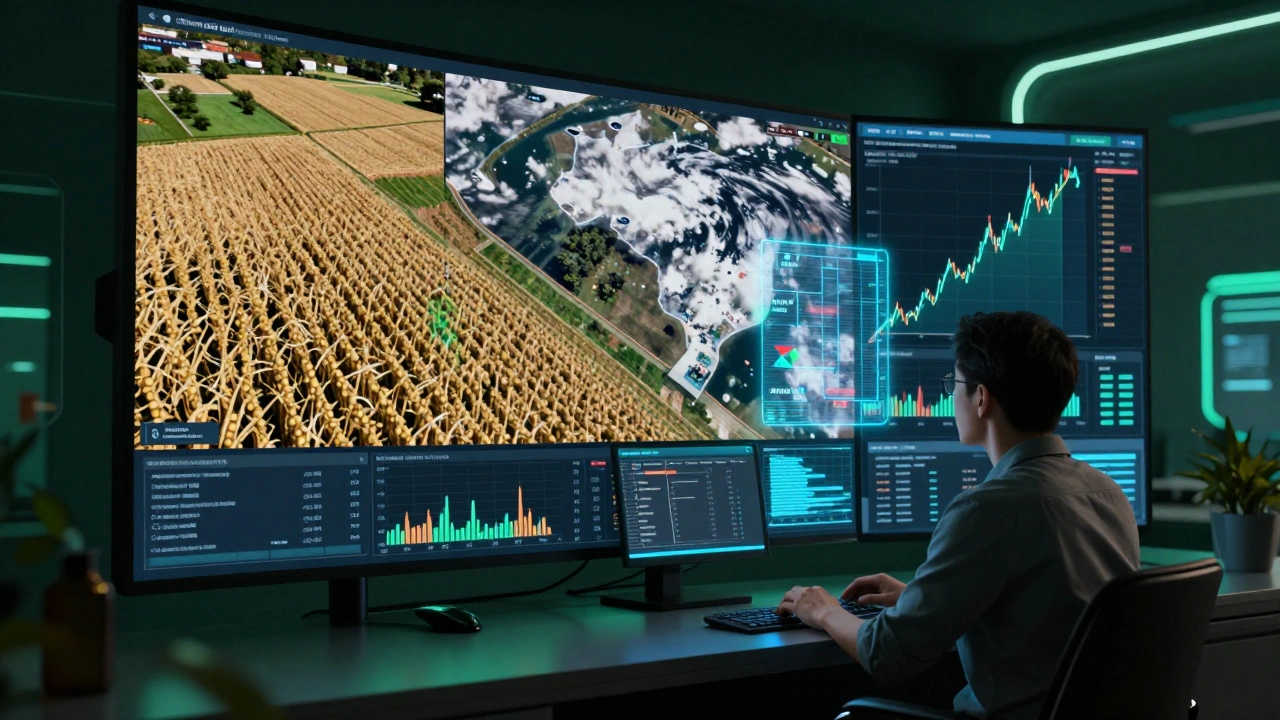 A hedge fund dashboard displaying satellite data and predictive price graphs for soybean markets in Brazil.