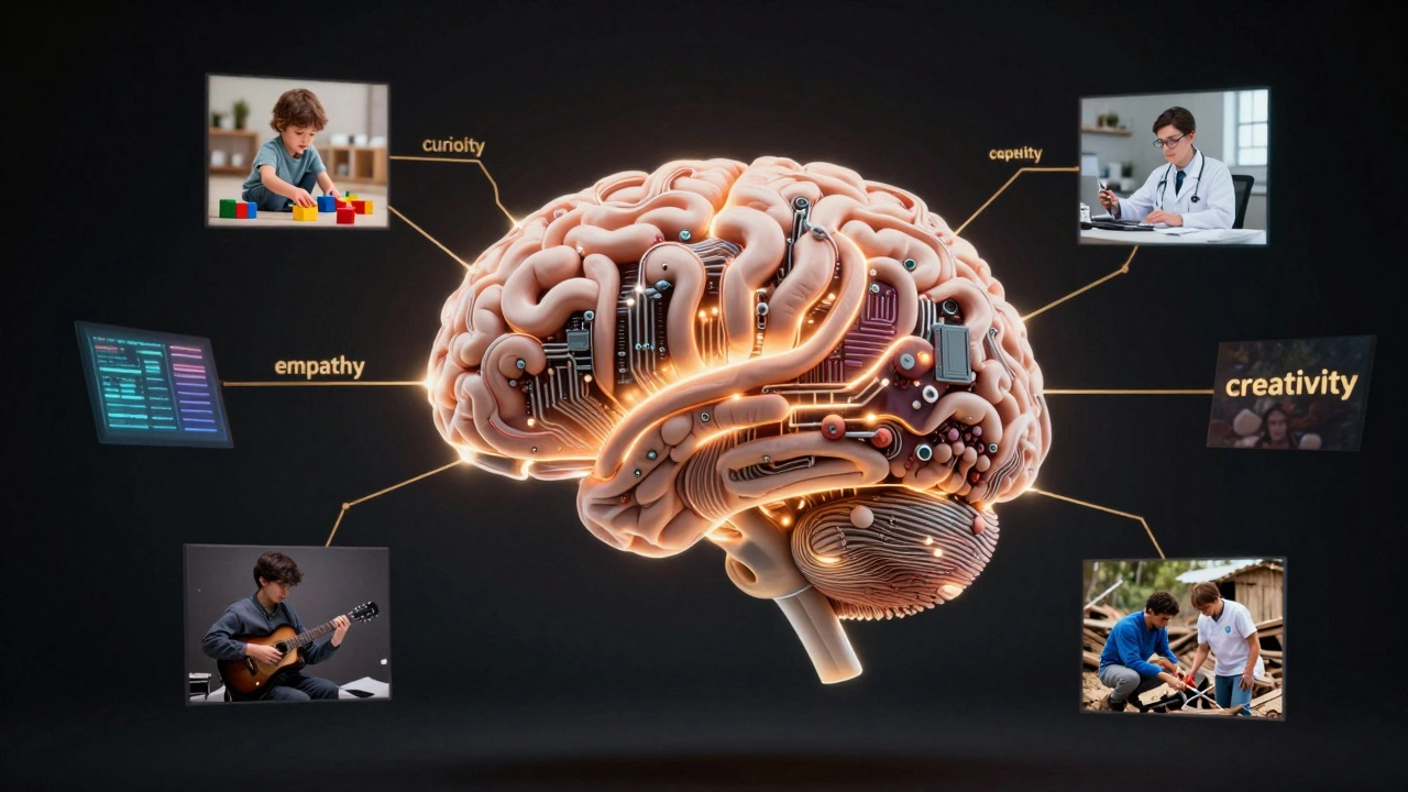 A hybrid brain of circuitry and tissue pulses with golden threads linking scenes of play, science, music, and aid — symbolizing human-AI collaboration.