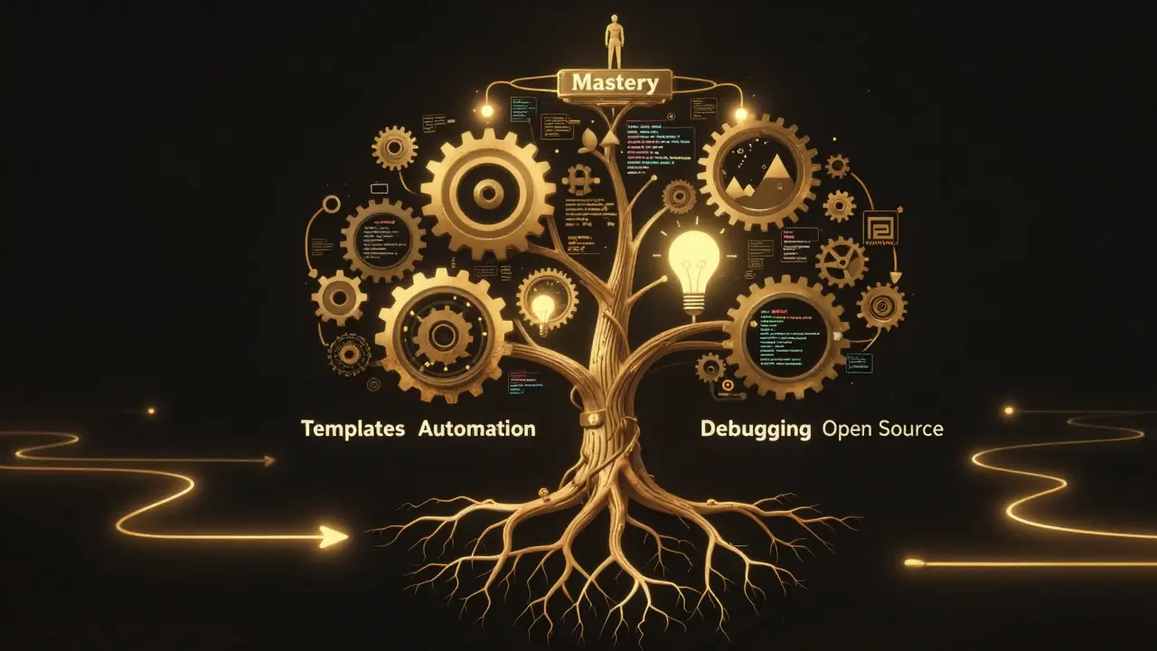 Abstract tree of programming habits growing into tools and insights, symbolizing mastery.