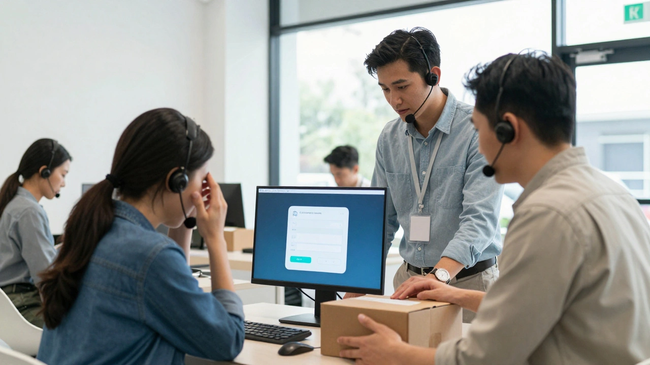 Customer service employee assisting a client while AI chatbot runs in the background.