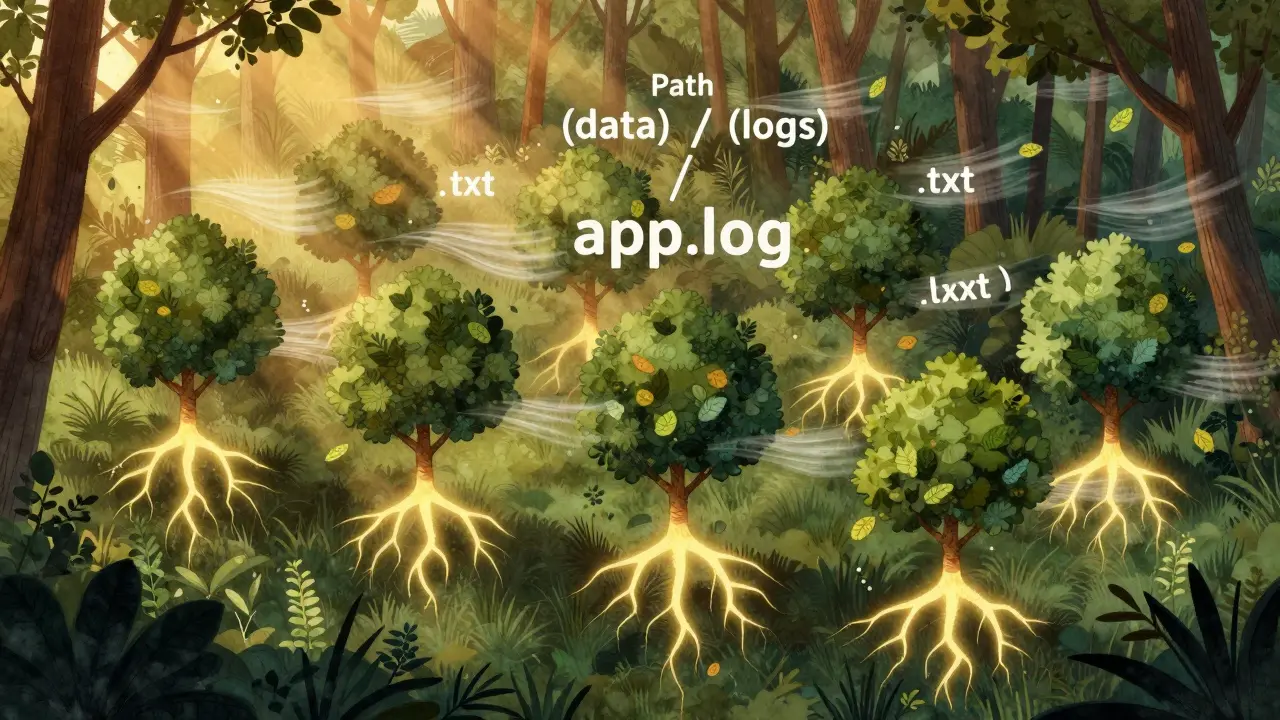 Digital forest with file paths as trees, representing pathlib's intuitive file handling.