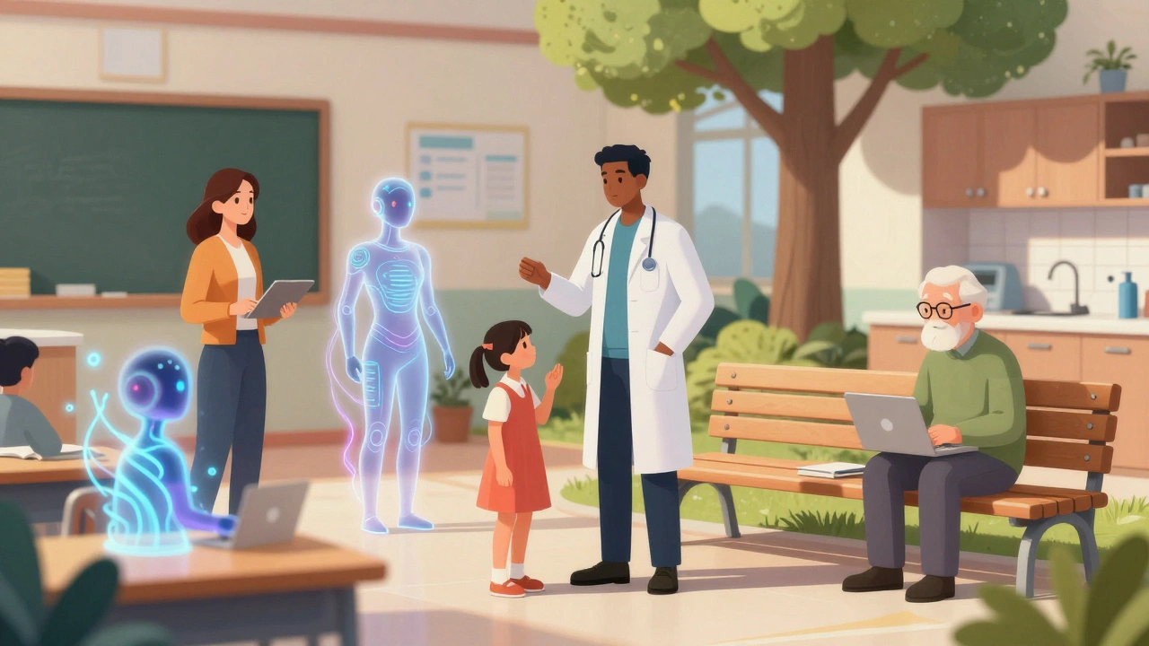 Diverse individuals each interact with subtle AGI co-pilots in daily settings — classroom, hospital, park, kitchen — integrated seamlessly into life.