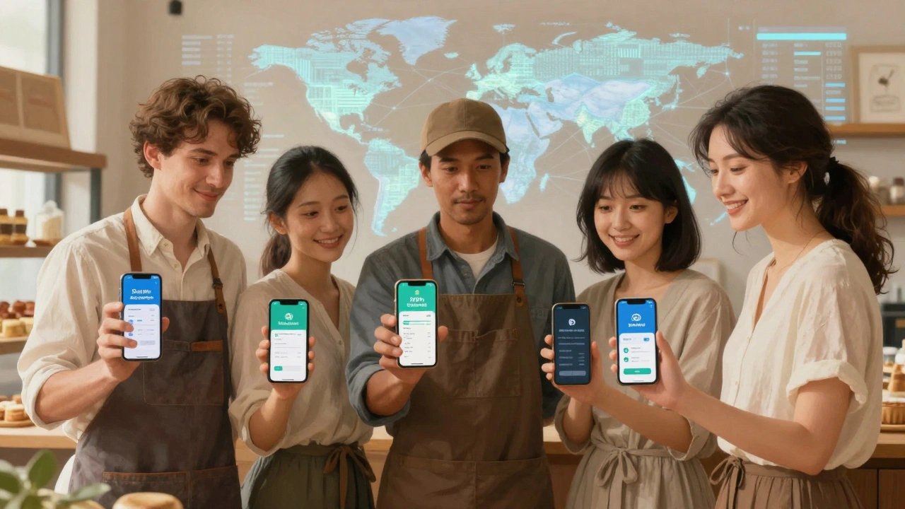 Diverse individuals receiving personalized AI financial guidance on their smartphones, connected to a global data network.