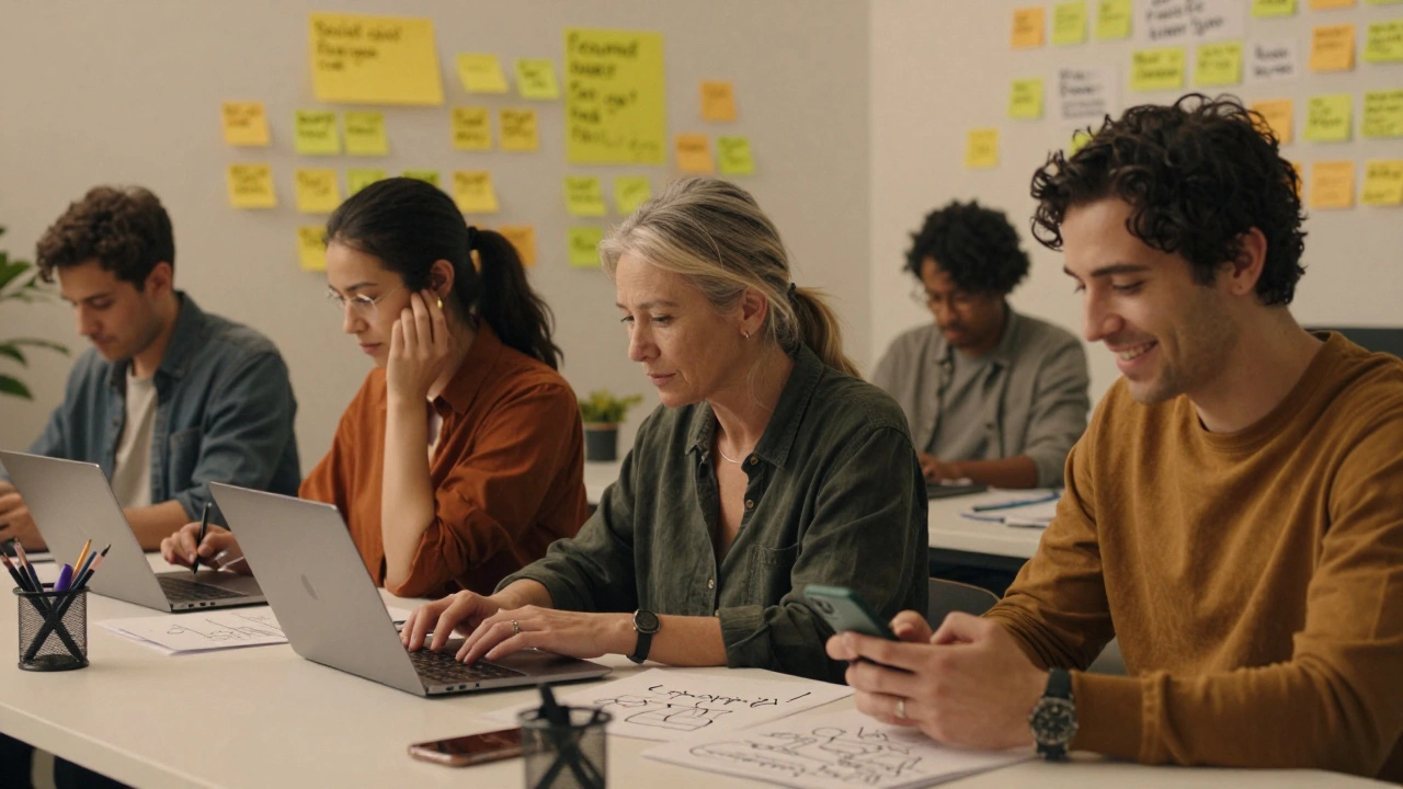 Diverse individuals working on coding projects with error notes on a wall.