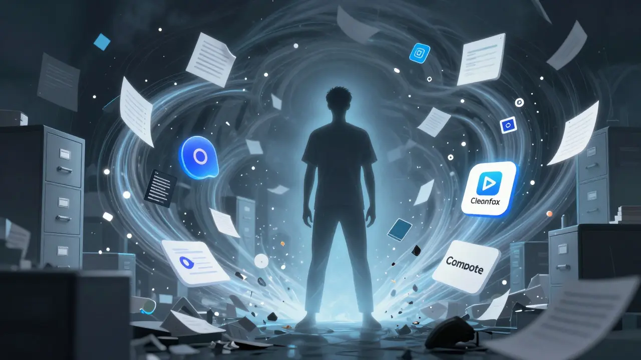 Human figure surrounded by digital clutter being organized by calm AI streams.