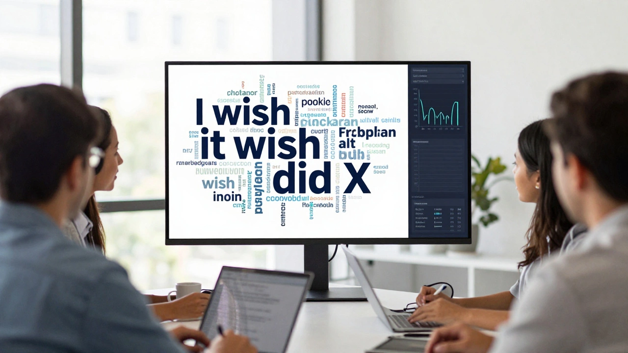 Team analyzing customer feedback word clouds to uncover hidden product needs.