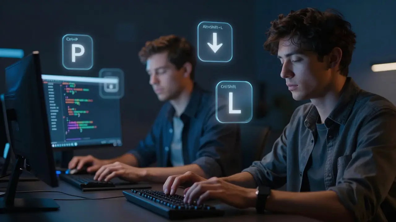Two programmers contrasting mouse use vs. keyboard mastery, with floating code shortcuts visible.