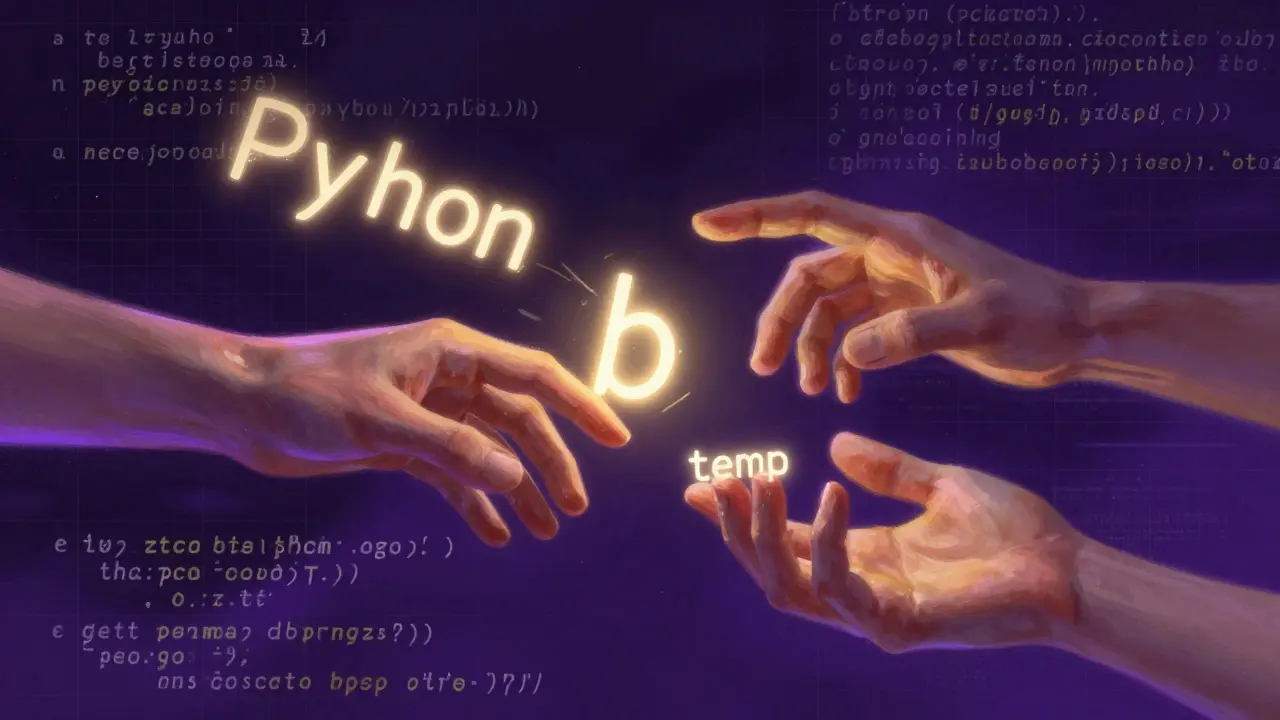 Two variables swapping values in mid-air, with a fading temporary variable.