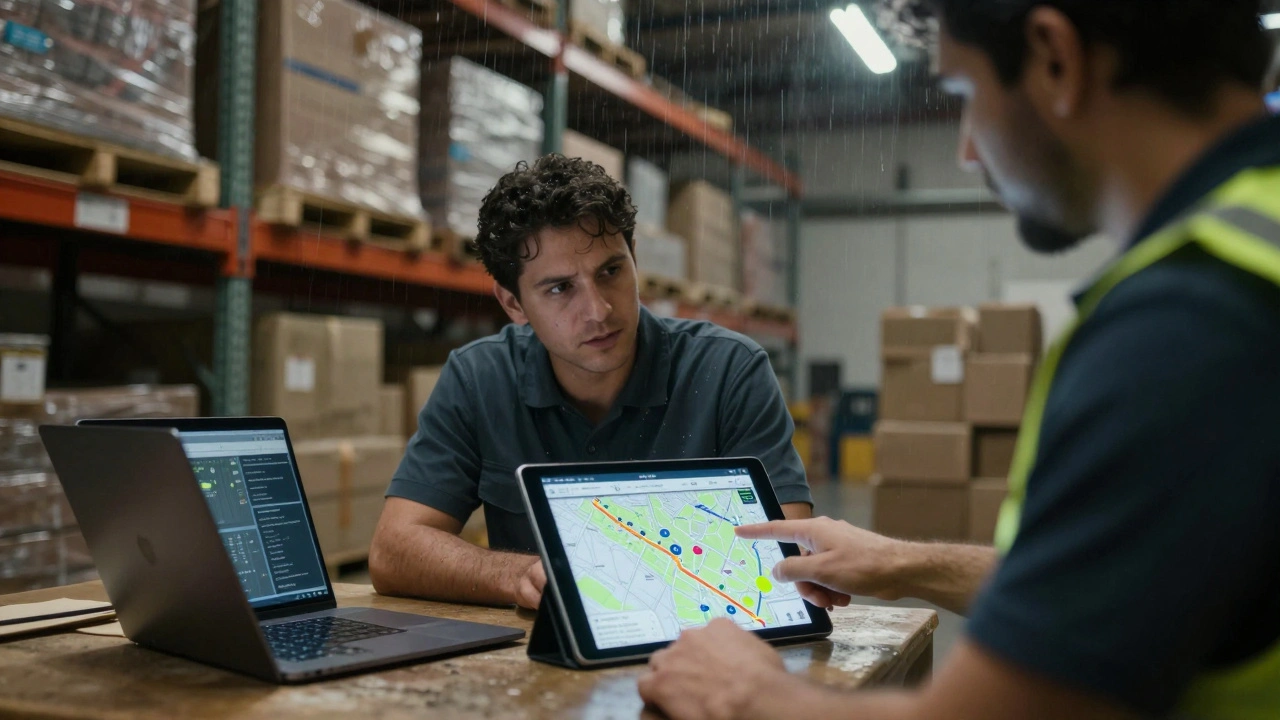 Warehouse worker identifies incorrect AI delivery route during rainfall.
