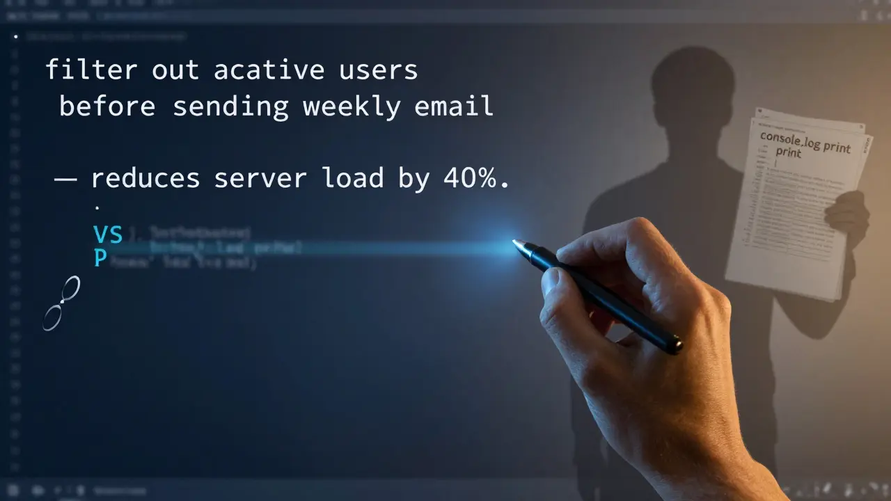 A clean code comment explaining purpose, beside a debugger breakpoint, replacing old console.log habits.