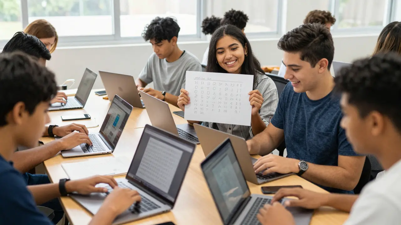 A diverse group of young people sharing AI-generated digit predictions in a community center.