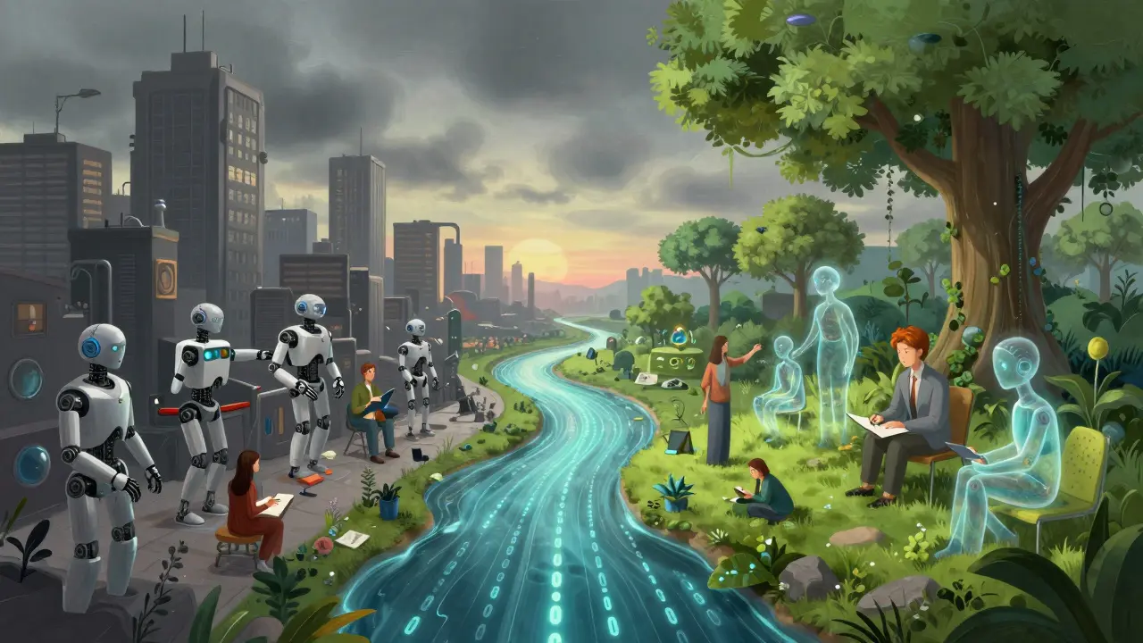 A divided world: chaotic city on one side, harmonious utopia on the other, separated by a glowing binary river.