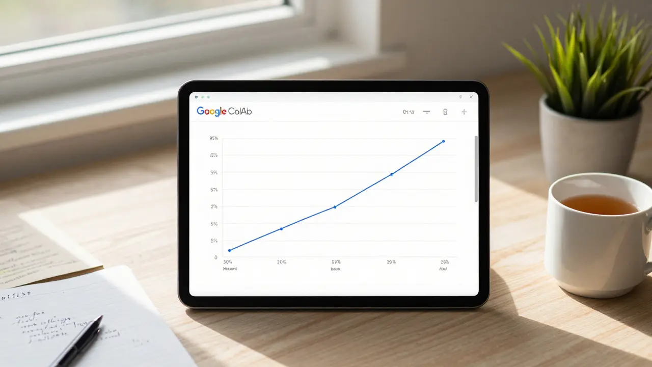 A Google Colab notebook showing AI accuracy rising from 50% to 95% with tea and plant nearby.