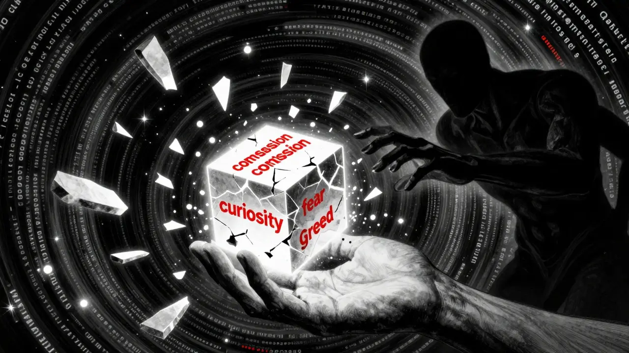 A human hand holding a fractured cube of human values as a shadowy AI reaches toward it.