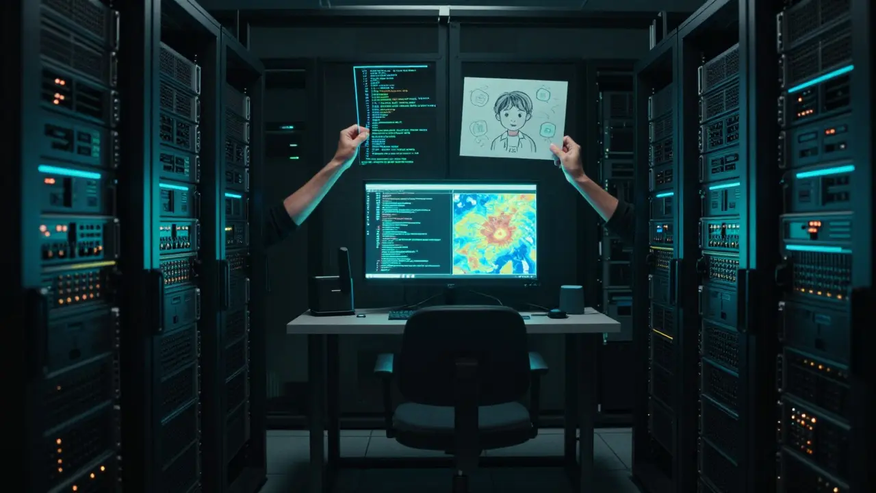 A server room with code transforming into human symbols, symbolizing artificial general intelligence.