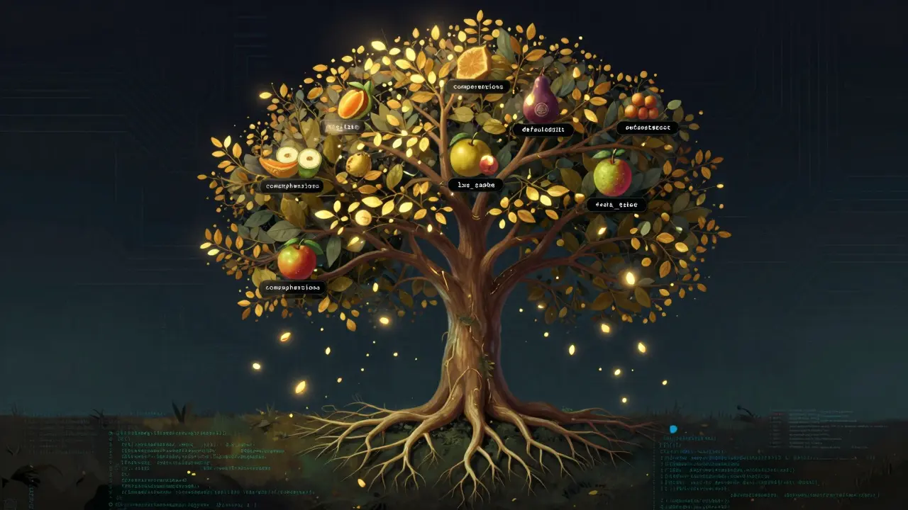 Abstract tree with Python optimization techniques as glowing fruits on branching code roots.