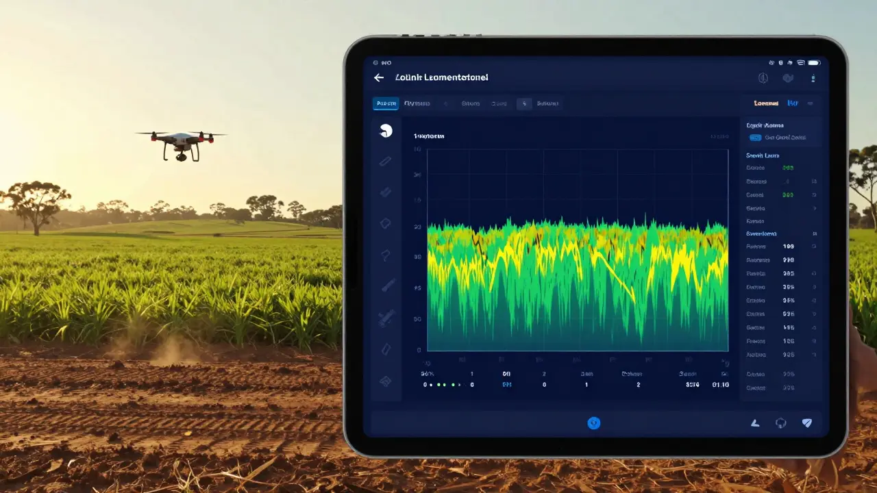 Drone flying over farmland with digital heatmap overlay showing crop health predictions.