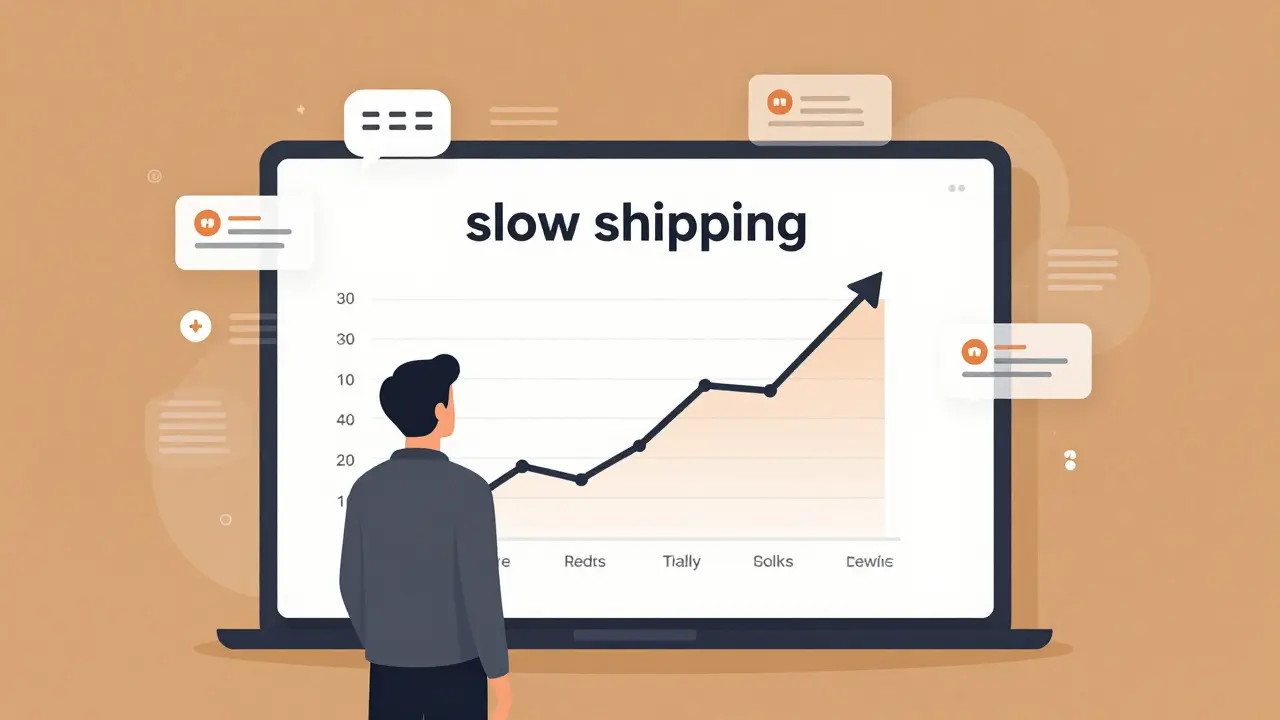 E-commerce owner analyzing customer complaint data from social media on a screen