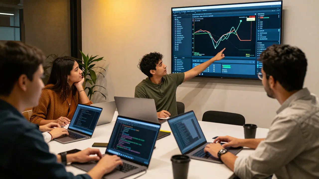 Group of people collaborating in a workspace, watching a traffic flow visualization on a screen.