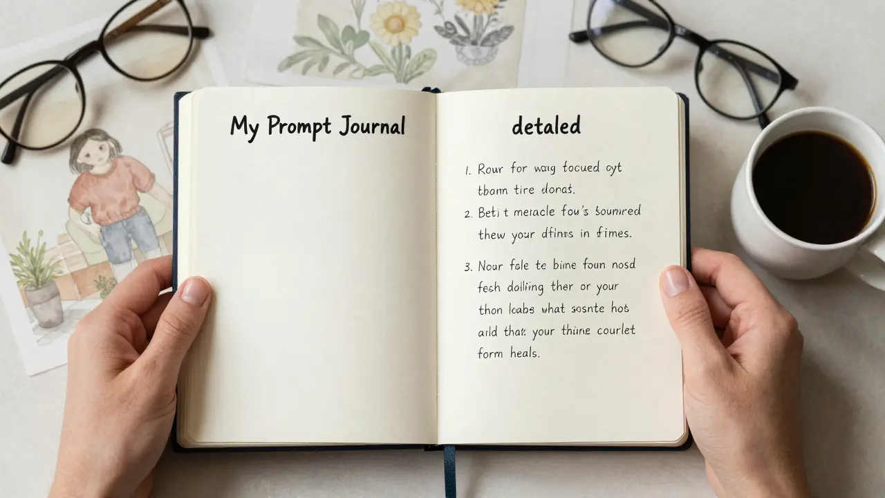 Open journal comparing simple and detailed AI prompts with coffee cup nearby.